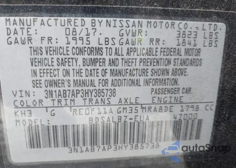 2017 Nissan Sentra S z USA, uszkodzony, nr VIN 3N1AB7AP3HY385738